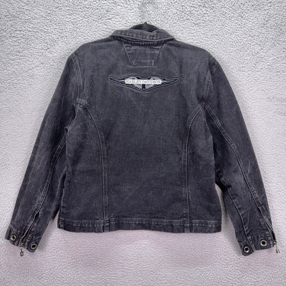 Harley-Davidson Jacket Womens L Faded Black Denim Zip Biker Winged Logo Rugged - Picture 3 of 9